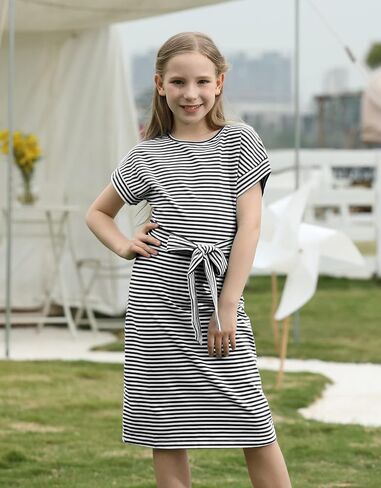 فستان KYMIDY للفتيات صيفي مخطط للأطفال بأكمام قصيرة كاجوال بحزام للفتيات، من 7 إلى 16 سنة in Kuwait