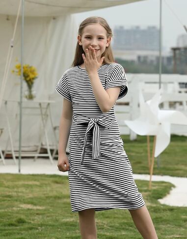 فستان KYMIDY للفتيات صيفي مخطط للأطفال بأكمام قصيرة كاجوال بحزام للفتيات، من 7 إلى 16 سنة in Kuwait