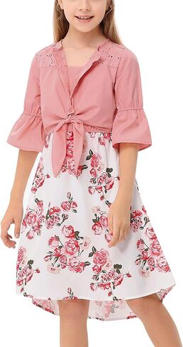 فستان LIONJIE للأطفال البنات من الشيفون بالزهور عالي الخصر وأكمام مكشكشة فستان الأميرة متوسط ​​الطول للفتيات الصغيرات من سن 3 إلى 12 سنة in Kuwait