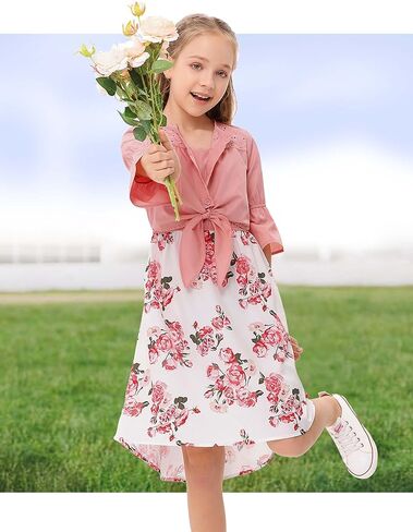 فستان LIONJIE للأطفال البنات من الشيفون بالزهور عالي الخصر وأكمام مكشكشة فستان الأميرة متوسط ​​الطول للفتيات الصغيرات من سن 3 إلى 12 سنة in Kuwait