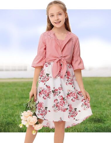 فستان LIONJIE للأطفال البنات من الشيفون بالزهور عالي الخصر وأكمام مكشكشة فستان الأميرة متوسط ​​الطول للفتيات الصغيرات من سن 3 إلى 12 سنة in Kuwait