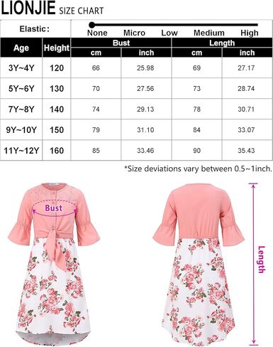 فستان LIONJIE للأطفال البنات من الشيفون بالزهور عالي الخصر وأكمام مكشكشة فستان الأميرة متوسط ​​الطول للفتيات الصغيرات من سن 3 إلى 12 سنة in Kuwait