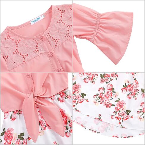 فستان LIONJIE للأطفال البنات من الشيفون بالزهور عالي الخصر وأكمام مكشكشة فستان الأميرة متوسط ​​الطول للفتيات الصغيرات من سن 3 إلى 12 سنة in Kuwait