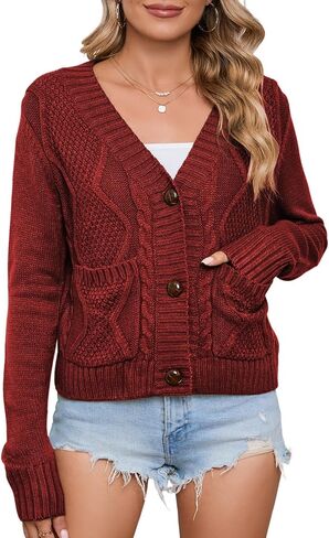 Sidefeel Women 2023 Cropped Sweater Cardigan Long Sleeve Knit Outwear with Pockets in Saudi Arabia