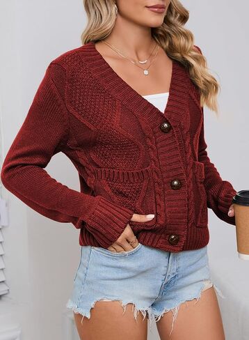Sidefeel Women 2023 Cropped Sweater Cardigan Long Sleeve Knit Outwear with Pockets in Saudi Arabia