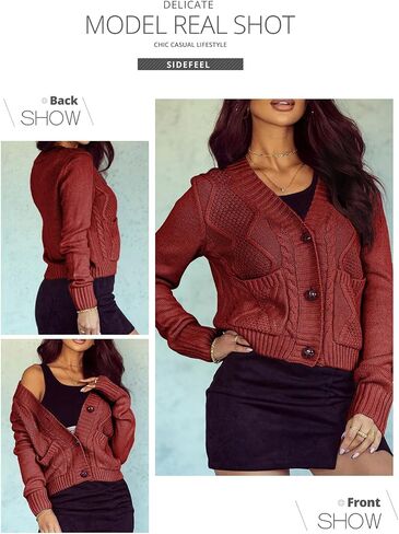 Sidefeel Women 2023 Cropped Sweater Cardigan Long Sleeve Knit Outwear with Pockets in Saudi Arabia