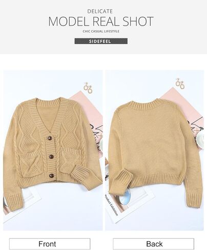 Sidefeel Women 2023 Cropped Sweater Cardigan Long Sleeve Knit Outwear with Pockets in Saudi Arabia