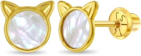14k Yellow Gold Small Round Mother Pearl Kitten Screw Back Earrings for Young Girls & Preteens - Kitty Cat Screw Backs for Toddler Girls in Saudi Arabia
