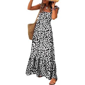 LOLONG Maxi Dress for Women Summer Boho Spaghetti Strap Square Neck Ruffle Beach Sun Dress