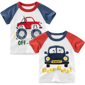 Toddler Little Boys T Shirts 2 Pack Short Sleeve Crewneck Top Tee Dinosaur Car Shark Shirts for 2-7 Years