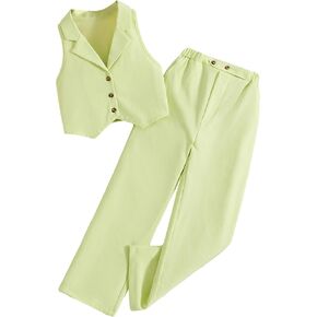 OYOANGLE Girl's 2 Piece Outfits Sleeveless Button Front V Neck Vest Jacket and Wide Leg Pants Set in Saudi Arabia