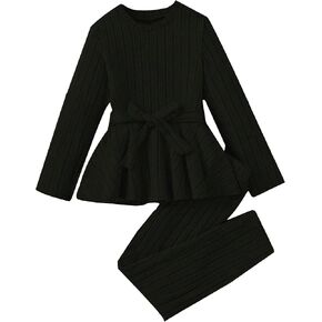 OYOANGLE Girl's 2 Piece Outfits Rib Knit Long Sleeve Belted Peplum Tops and Pants Set Tracksuit