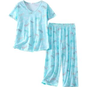 CHUNG Women Cotton Pajama Sets Sleepwear pjs Short Sleeve Shirt Capri Length Crop Pants Cute Vivid Print in Kuwait