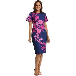 London Times Women's Dresses Jewel Neck Flutter Sleeve Emotional Flattering Polished Chic Midi Length Sheath Dress