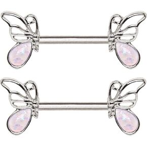 Pierced Owl White Synthetic Opal Butterfly Barbell Nipple Rings, Sold as a Pair in Kuwait