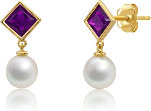 14k Yellow or White Gold Princess Cut Gemstone Square Stud Earrings for Women 5m with 6mm Freshwater Dangle Pearls Birthstone by MAX + STONE in Saudi Arabia