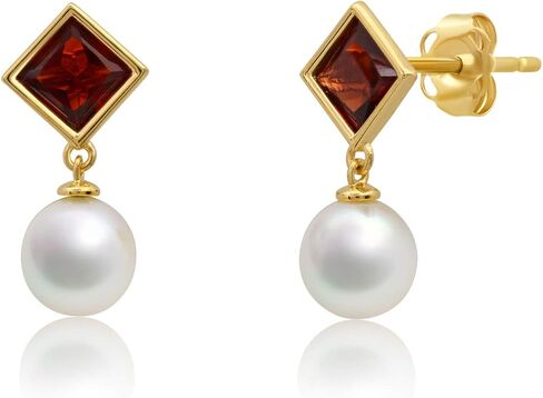 14k Yellow or White Gold Princess Cut Gemstone Square Stud Earrings for Women 5m with 6mm Freshwater Dangle Pearls Birthstone by MAX + STONE in Saudi Arabia