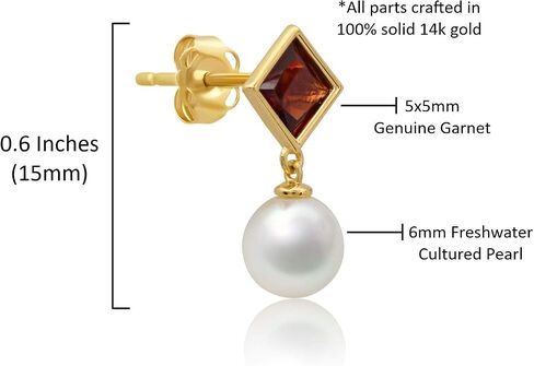 14k Yellow or White Gold Princess Cut Gemstone Square Stud Earrings for Women 5m with 6mm Freshwater Dangle Pearls Birthstone by MAX + STONE in Saudi Arabia