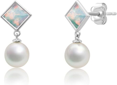 14k Yellow or White Gold Princess Cut Gemstone Square Stud Earrings for Women 5m with 6mm Freshwater Dangle Pearls Birthstone by MAX + STONE in Saudi Arabia
