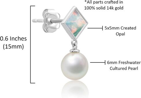 14k Yellow or White Gold Princess Cut Gemstone Square Stud Earrings for Women 5m with 6mm Freshwater Dangle Pearls Birthstone by MAX + STONE in Saudi Arabia
