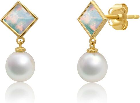 14k Yellow or White Gold Princess Cut Gemstone Square Stud Earrings for Women 5m with 6mm Freshwater Dangle Pearls Birthstone by MAX + STONE in Saudi Arabia