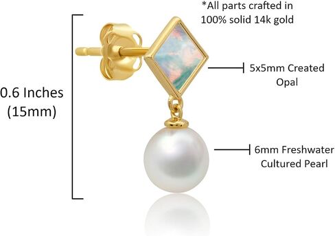 14k Yellow or White Gold Princess Cut Gemstone Square Stud Earrings for Women 5m with 6mm Freshwater Dangle Pearls Birthstone by MAX + STONE in Saudi Arabia