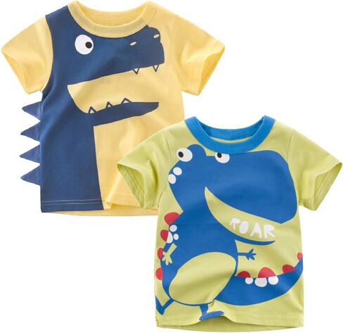 Toddler Little Boys T Shirts 2 Pack Short Sleeve Crewneck Top Tee Dinosaur Car Shark Shirts for 2-7 Years in Kuwait