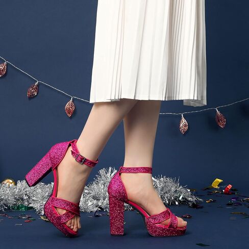 Perphy Glitter Platform Heel Crisscross Strap Chunky Heels Sandals for Women in Saudi Arabia