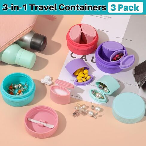 حاويات سفر من بريبو، 3 مجموعات من زجاجات سيليكون قابلة لاعادة الملء بحجم مناسب للسفر مع اغطية محكمة الغلق للكريمات واللوشن ومستحضرات التجميل، تتضمن كل منها 3 موزعات وملعقة مسطحة للمكياج in Kuwait