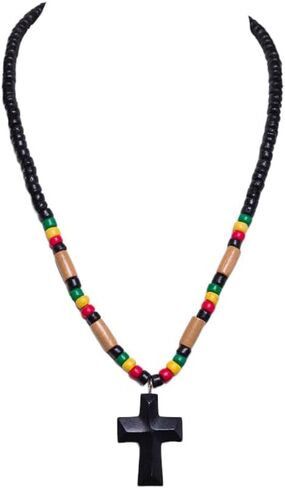 BlueRica Hand Carved Wood Cross on Rasta Coconut Beads Necklace (18") in Saudi Arabia
