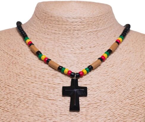 BlueRica Hand Carved Wood Cross on Rasta Coconut Beads Necklace (18") in Saudi Arabia