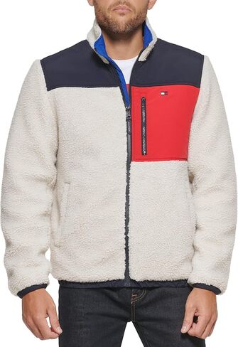 Tommy Hilfiger Men's Contrast Sherpa Stand Collar Jacket, Cream, Large in Saudi Arabia