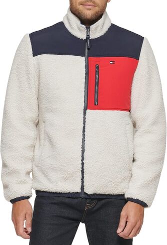 Tommy Hilfiger Men's Contrast Sherpa Stand Collar Jacket, Cream, Large in Saudi Arabia