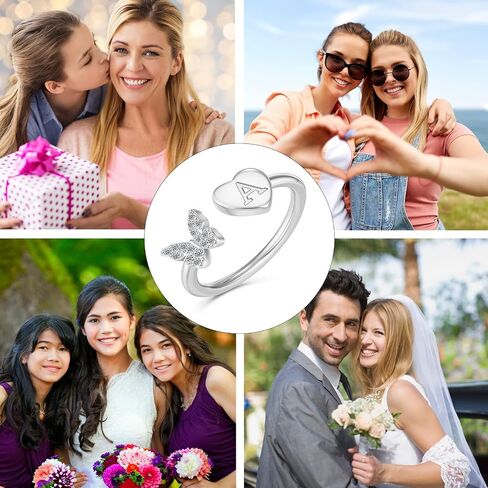 Initial Rings for Women Teen Girls Stackable Butterfly Initial Letter Rings Crystal Inlaid Capital Alphabet Ring 14k Gold Silver Rose Gold Plated Open Adjustable Initial rings Jewelry Gifts in Saudi Arabia