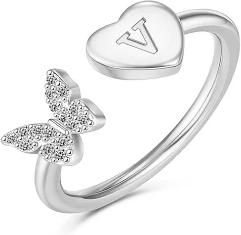 Initial Rings for Women Teen Girls Stackable Butterfly Initial Letter Rings Crystal Inlaid Capital Alphabet Ring 14k Gold Silver Rose Gold Plated Open Adjustable Initial rings Jewelry Gifts in Saudi Arabia