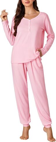 LYANER Women's 2 Piece Outfits Pajamas Sets Button Long Sleeve Loungewear and Long Pants in Saudi Arabia