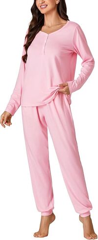 LYANER Women's 2 Piece Outfits Pajamas Sets Button Long Sleeve Loungewear and Long Pants in Saudi Arabia