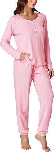 LYANER Women's 2 Piece Outfits Pajamas Sets Button Long Sleeve Loungewear and Long Pants in Saudi Arabia