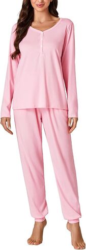 LYANER Women's 2 Piece Outfits Pajamas Sets Button Long Sleeve Loungewear and Long Pants in Saudi Arabia