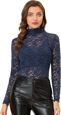 Allegra K Women's See Through Long Sleeve Turtleneck Sheer Floral Lace Blouse Top in Saudi Arabia