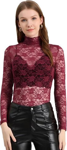 Allegra K Women's See Through Long Sleeve Turtleneck Sheer Floral Lace Blouse Top in Saudi Arabia