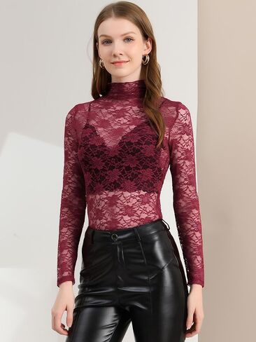 Allegra K Women's See Through Long Sleeve Turtleneck Sheer Floral Lace Blouse Top in Saudi Arabia