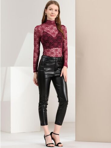 Allegra K Women's See Through Long Sleeve Turtleneck Sheer Floral Lace Blouse Top in Saudi Arabia