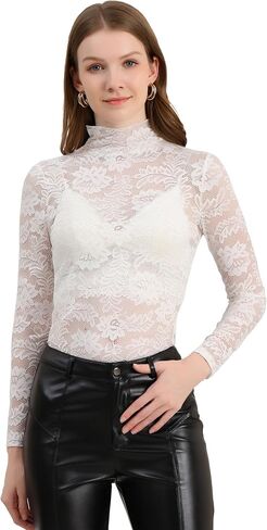 Allegra K Women's See Through Long Sleeve Turtleneck Sheer Floral Lace Blouse Top in Saudi Arabia