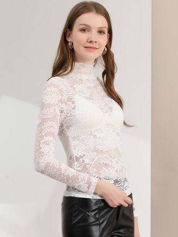 Allegra K Women's See Through Long Sleeve Turtleneck Sheer Floral Lace Blouse Top in Saudi Arabia