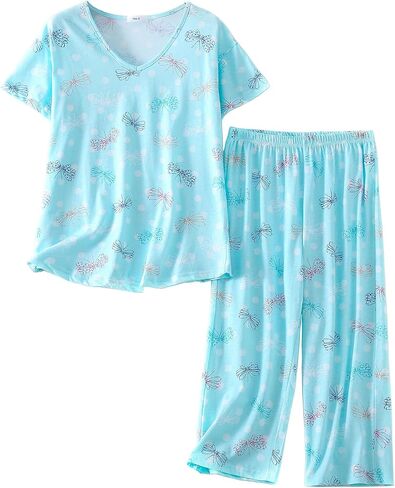 CHUNG Women Cotton Pajama Sets Sleepwear pjs Short Sleeve Shirt Capri Length Crop Pants Cute Vivid Print in Kuwait