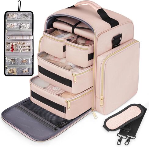 يوربيك شنطة تنظيم مكياج كبيرة للسفر مع 4 حافظات قابلة للازالة ولفة واحدة لتنظيم المجوهرات، شنطة مستحضرات تجميل بجيوب تخزين متعددة لحمل ادوات النظافة والعناية بالبشرة ومستلزمات الشعر والفرشاة، هدية in Kuwait