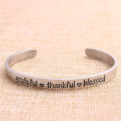 سوار عريض بعبارة Grateful Thankful Blessed، هدية تحفيزية ملهمة، هدية تشجيع للاصدقاء والأخوات المقربين, Medium, ستانلس ستيل in Kuwait
