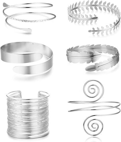 jerywe 6 قطع أساور الكفة للنساء الفضة الذهب العلوي الذراع الكفة المجوهرات المفتوحة أذرع المجوهرات لفائف الذراع العلوي سوار الإسورة قابل للتعديل الحد الأدنى مجموعة المجوهرات in Kuwait