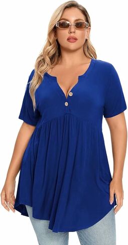 LARACE Women's Plus Size Henley Shirts V Neck Button Tunic Tops Short Sleeve Swing Flowy Blouse in Saudi Arabia